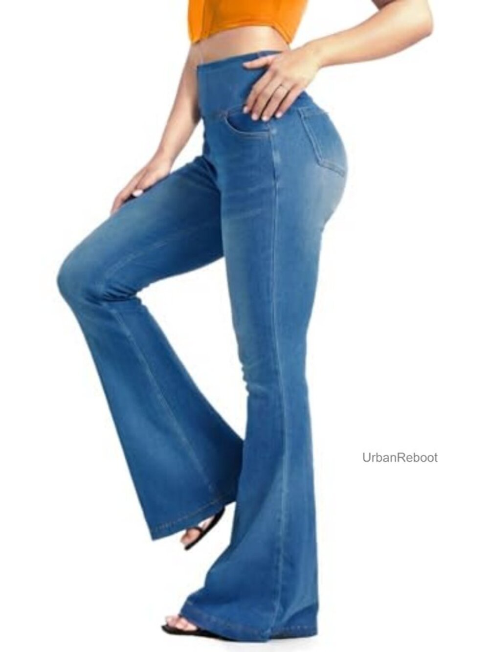 Knit Flare Jeans High Waisted Pull On Bell Bottom Pants with Pockets